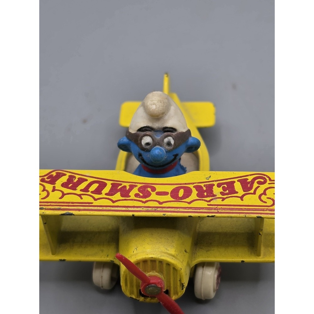 Vintage 1982 ERTL Aero Smurf Yellow Diecast Airplane Peyo Smurfs Toy Propeller - Picture 10 of 10